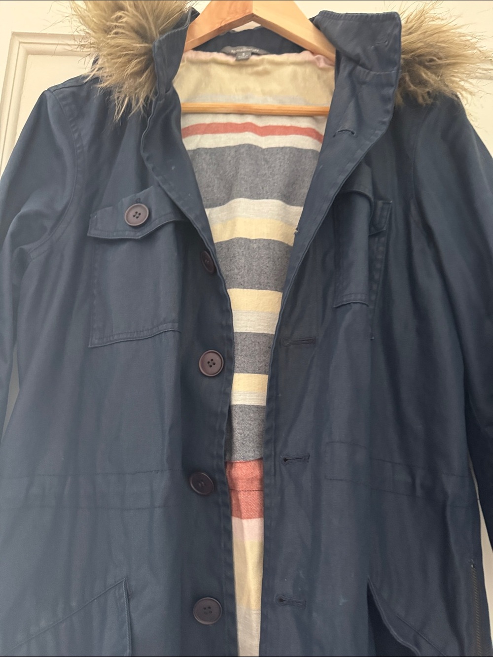 Signature Navy Hooded waxed Coat with Faux Fur Trim